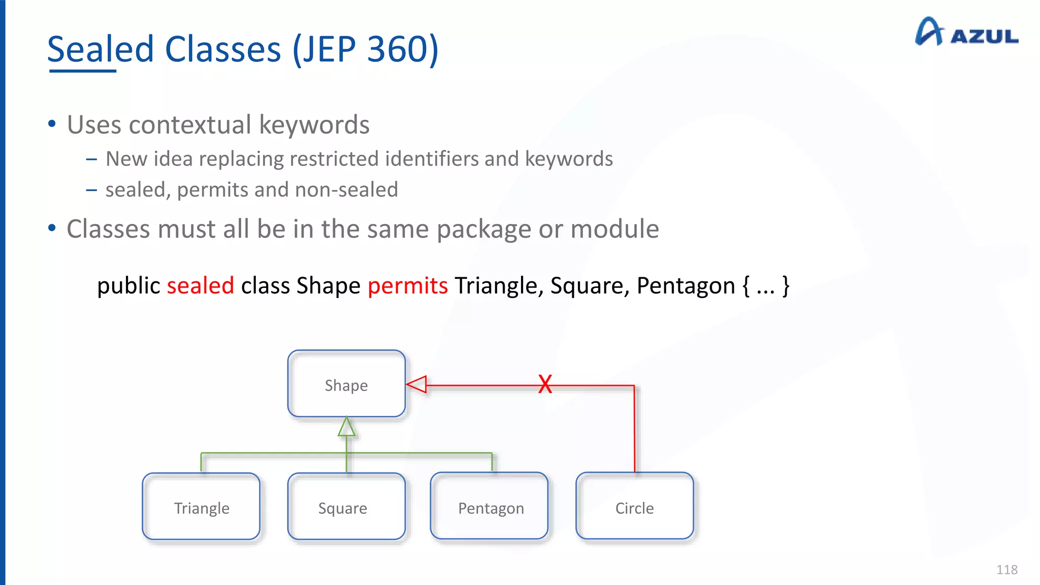 Sealed Classes (JEP 360)
118
• Uses contextual keywords
‒ New idea replacing restricted identifiers and keywords
‒ sealed, permits and non-sealed
• Classes must all be in the same package or module
public sealed class Shape permits Triangle, Square, Pentagon { ... }
Shape
Triangle Square Pentagon Circle
X
 