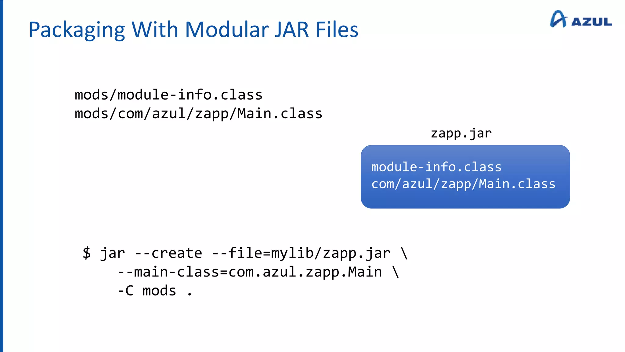 Packaging With Modular JAR Files
mods/module-info.class
mods/com/azul/zapp/Main.class
$ jar --create --file=mylib/zapp.jar 
--main-class=com.azul.zapp.Main 
-C mods .
module-info.class
com/azul/zapp/Main.class
zapp.jar
 