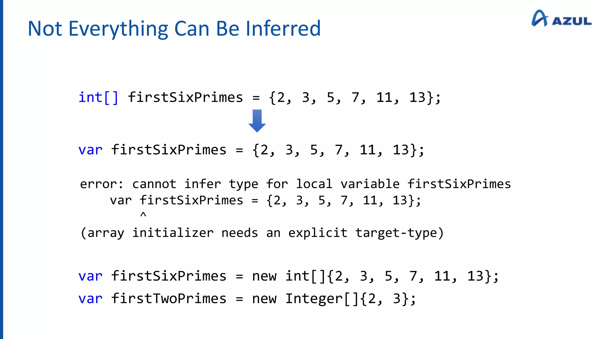 Not Everything Can Be Inferred
int[] firstSixPrimes = {2, 3, 5, 7, 11, 13};
var firstSixPrimes = {2, 3, 5, 7, 11, 13};
error: cannot infer type for local variable firstSixPrimes
var firstSixPrimes = {2, 3, 5, 7, 11, 13};
^
(array initializer needs an explicit target-type)
var firstSixPrimes = new int[]{2, 3, 5, 7, 11, 13};
var firstTwoPrimes = new Integer[]{2, 3};
 