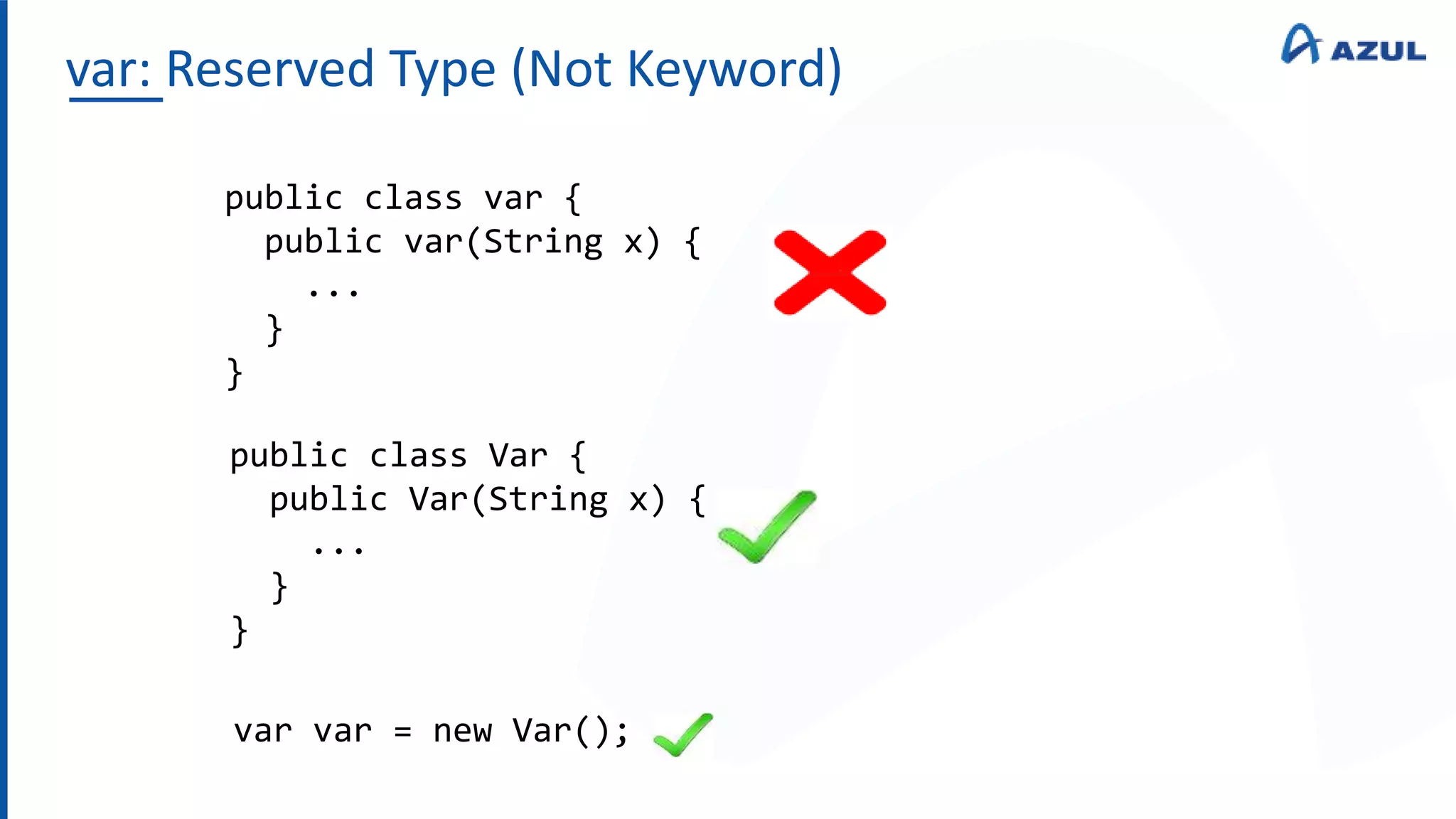 var: Reserved Type (Not Keyword)
var var = new Var();
public class var {
public var(String x) {
...
}
}
public class Var {
public Var(String x) {
...
}
}
 