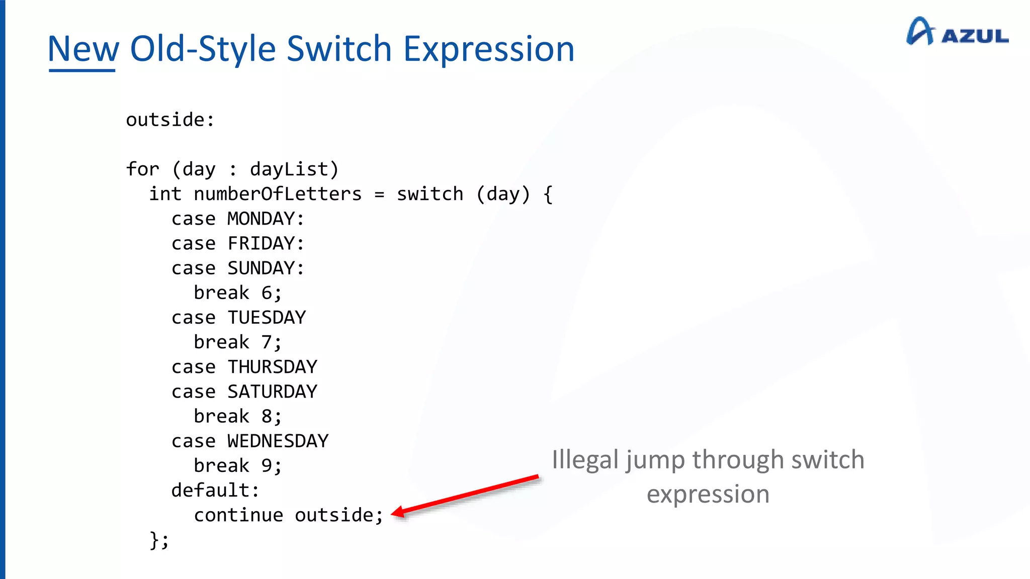 New Old-Style Switch Expression
outside:
for (day : dayList)
int numberOfLetters = switch (day) {
case MONDAY:
case FRIDAY:
case SUNDAY:
break 6;
case TUESDAY
break 7;
case THURSDAY
case SATURDAY
break 8;
case WEDNESDAY
break 9;
default:
continue outside;
};
Illegal jump through switch
expression
 