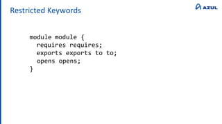 Restricted Keywords
module
requires requires;
exports exports to to;
module {
opens opens;
}
 