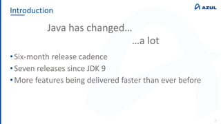 Introduction
2
•Six-month release cadence
•Seven releases since JDK 9
•More features being delivered faster than ever before
Java has changed…
…a lot
 