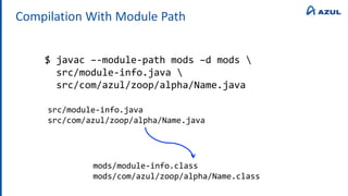Compilation With Module Path
$ javac –-module-path mods –d mods 
src/module-info.java 
src/com/azul/zoop/alpha/Name.java
mods/module-info.class
mods/com/azul/zoop/alpha/Name.class
src/module-info.java
src/com/azul/zoop/alpha/Name.java
 
