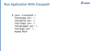 Run Application With Classpath
$ java –classpath 
lib/myapp.jar: 
lib/mylib.jar: 
lib/libgl.jar: 
lib/gluegen.jar: 
lib/jogl.jar: 
myapp.Main
 