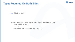 Types Required On Both Sides
var list = null;
error: cannot infer type for local variable list
var list = null;
^
(variable initializer is 'null')
 