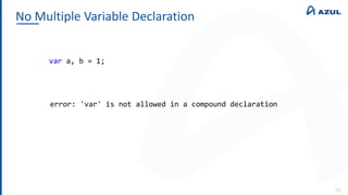 No Multiple Variable Declaration
62
var a, b = 1;
error: 'var' is not allowed in a compound declaration
 