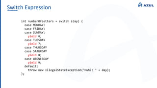 Switch Expression
int numberOfLetters = switch (day) {
case MONDAY:
case FRIDAY:
case SUNDAY:
yield 6;
case TUESDAY
yield 7;
case THURSDAY
case SATURDAY
yield 8;
case WEDNESDAY
yield 9;
default:
throw new IllegalStateException("Huh?: " + day);
};
 