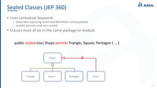 Sealed Classes (JEP 360)
29
• Uses contextual keywords
‒ New idea replacing restricted identifiers and keywords
‒ sealed, permits and non-sealed
• Classes must all be in the same package or module
public sealed class Shape permits Triangle, Square, Pentagon { ... }
Shape
Triangle Square Pentagon Circle
X
 