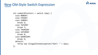 New Old-Style Switch Expression
int numberOfLetters = switch (day) {
case MONDAY:
case FRIDAY:
case SUNDAY:
break 6;
case TUESDAY
break 7;
case THURSDAY
case SATURDAY
break 8;
case WEDNESDAY
break 9;
default:
throw new IllegalStateException("Huh?: " + day);
};
 