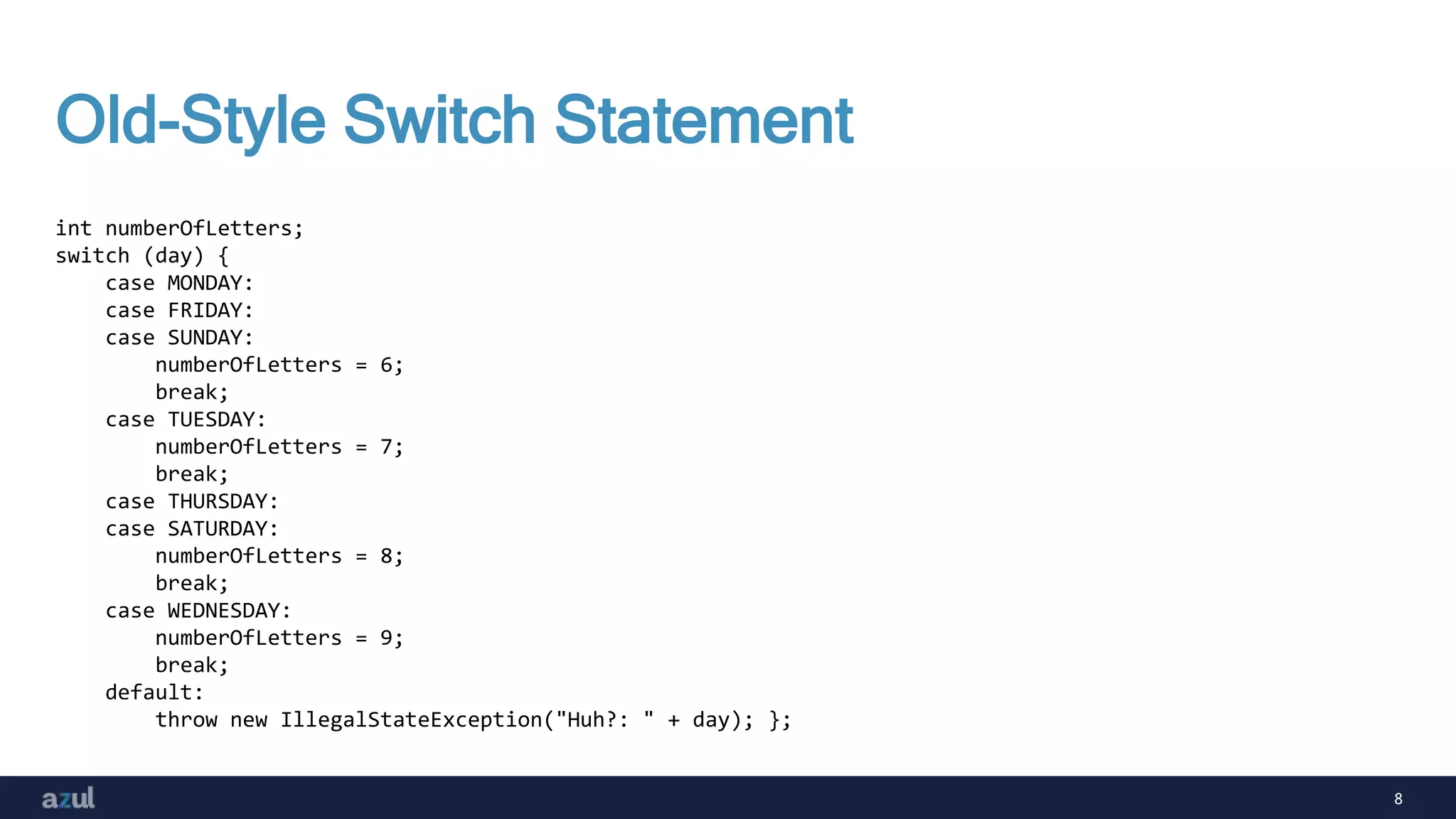 8
Old-Style Switch Statement
int numberOfLetters;
switch (day) {
case MONDAY:
case FRIDAY:
case SUNDAY:
numberOfLetters = 6;
break;
case TUESDAY:
numberOfLetters = 7;
break;
case THURSDAY:
case SATURDAY:
numberOfLetters = 8;
break;
case WEDNESDAY:
numberOfLetters = 9;
break;
default:
throw new IllegalStateException("Huh?: " + day); };
 