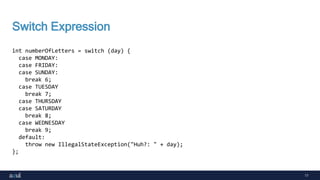 17
Switch Expression
int numberOfLetters = switch (day) {
case MONDAY:
case FRIDAY:
case SUNDAY:
break 6;
case TUESDAY
break 7;
case THURSDAY
case SATURDAY
break 8;
case WEDNESDAY
break 9;
default:
throw new IllegalStateException("Huh?: " + day);
};
 
