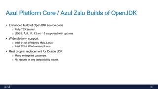 65
Azul Platform Core / Azul Zulu Builds of OpenJDK
• Enhanced build of OpenJDK source code
o Fully TCK tested
o JDK 6, 7, 8, 11, 13 and 15 supported with updates
• Wide platform support:
o Intel 64-bit Windows, Mac, Linux
o Intel 32-bit Windows and Linux
• Real drop-in replacement for Oracle JDK
o Many enterprise customers
o No reports of any compatibility issues
 
