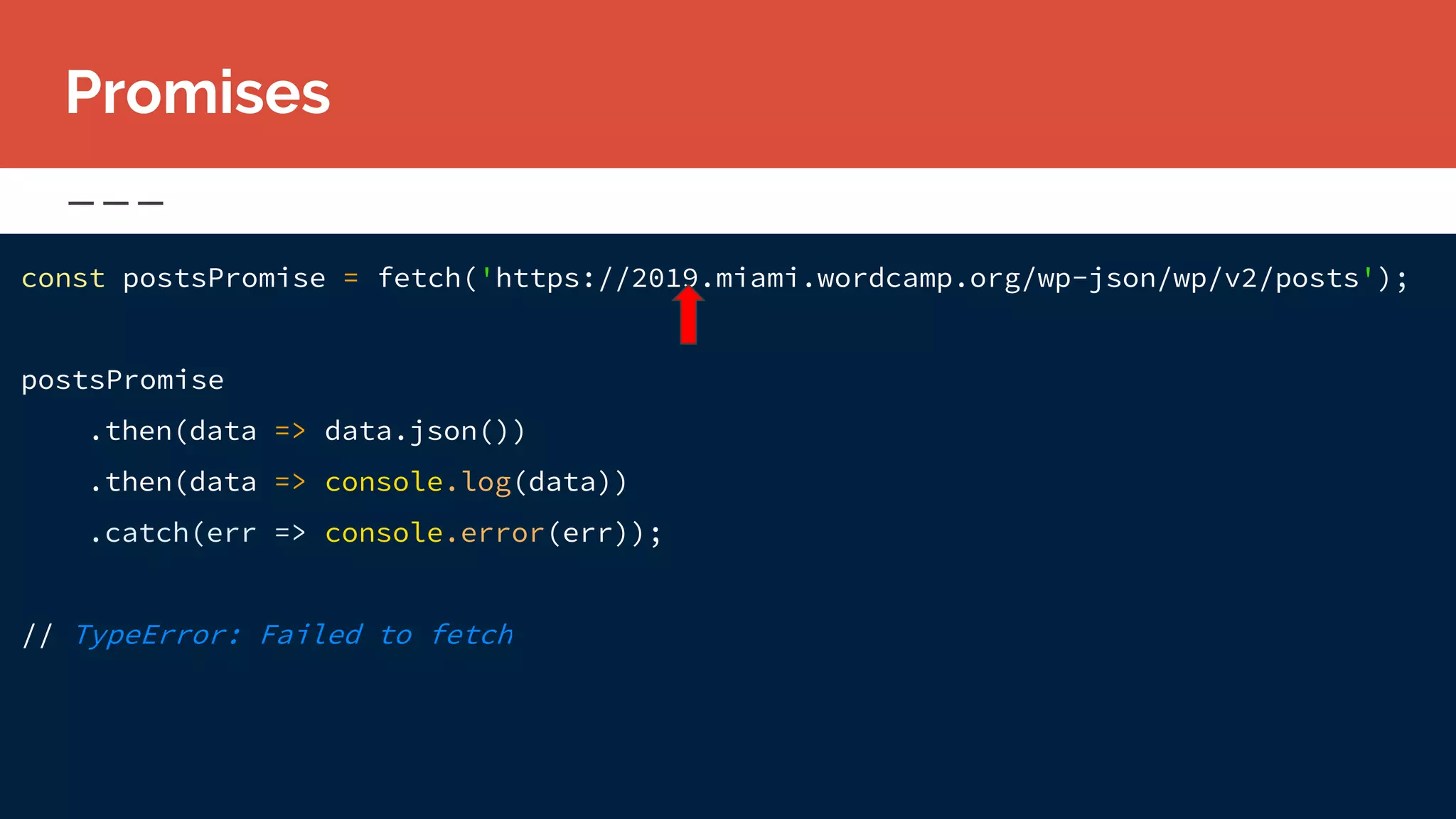 const postsPromise = fetch('https://2019.miami.wordcamp.org/wp-json/wp/v2/posts');
postsPromise
.then(data => data.json())
.then(data => console.log(data))
.catch(err => console.error(err));
// TypeError: Failed to fetch
Promises
 