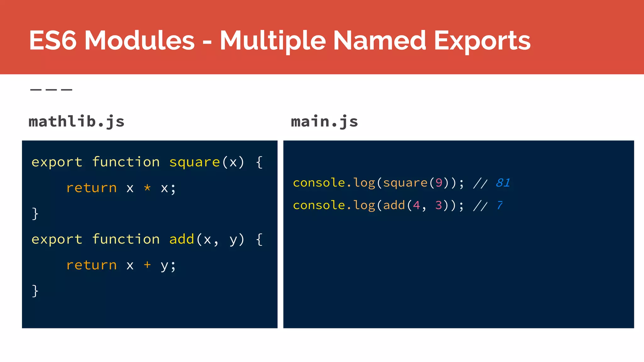 mathlib.js
ES6 Modules - Multiple Named Exports
export function square(x) {
return x * x;
}
export function add(x, y) {
return x + y;
}
main.js
console.log(square(9)); // 81
console.log(add(4, 3)); // 7
 