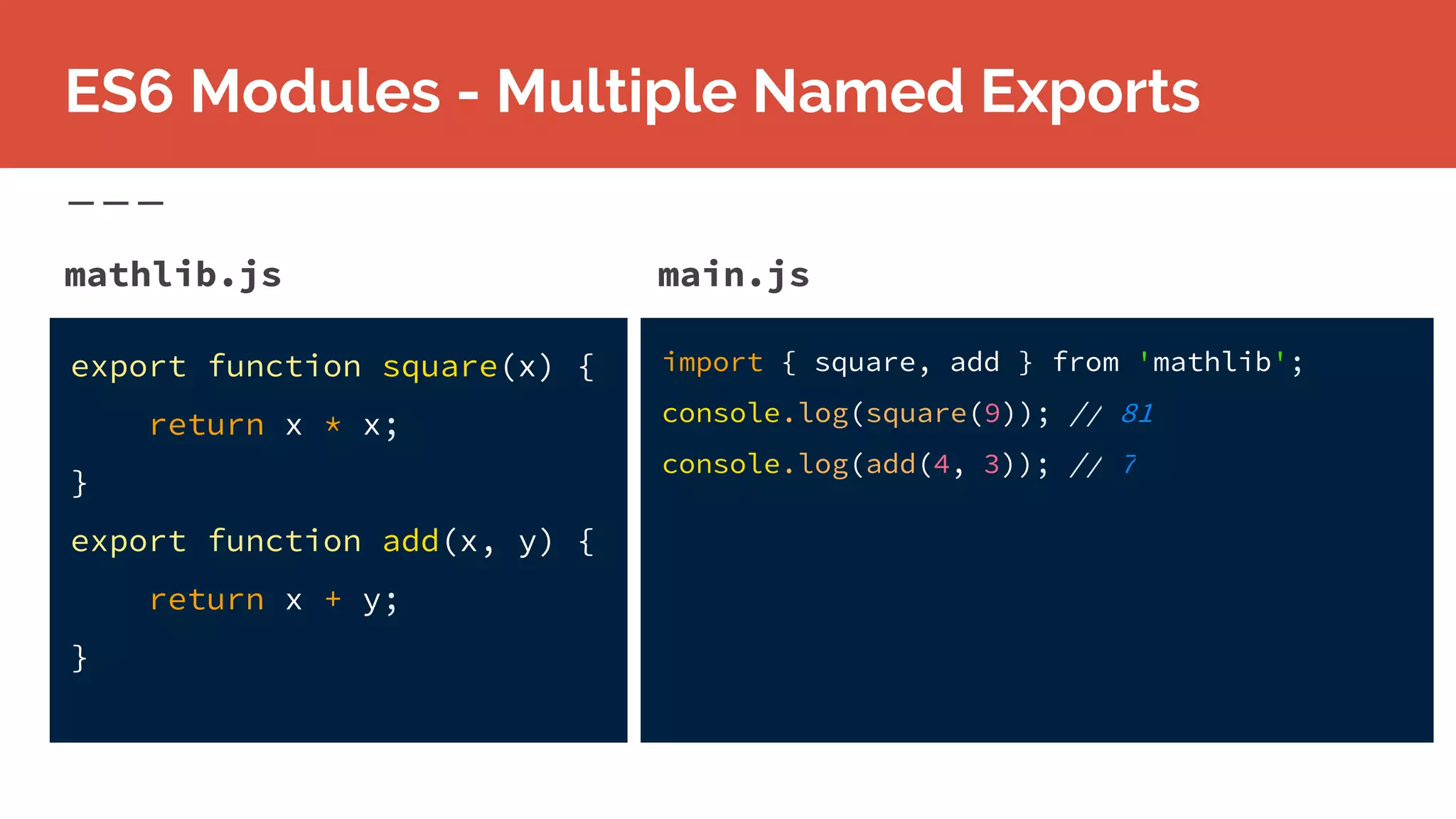 mathlib.js
ES6 Modules - Multiple Named Exports
export function square(x) {
return x * x;
}
export function add(x, y) {
return x + y;
}
main.js
import { square, add } from 'mathlib';
console.log(square(9)); // 81
console.log(add(4, 3)); // 7
 