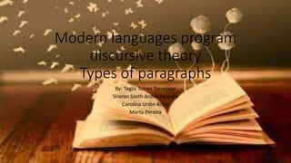 Modern languages program
discursive theory
Types of paragraphs
By: Teglis Torres Torrejano
Sharon lizeth Ardila Escorcia
Carolina Uribe Rojas
Marta Pereira
 
