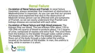 

Co-relation of Renal failure and Prameh: In renal failure
treatment, always remember that treatment of obstruction in
Medovehsrotas is important. As you can see that our ancient
Acharyas have explained that due to the obstruction of
Medoveh Srotas person can be affected with pre-symptoms
of Prameh, so we can easily understand that Prameh and
kidneys disease are connected with each other.
Co-relation of Renal failure and High blood pressure: The
kidneys ﬁlter our blood. The two kidneys ﬁlter about 120 to
150 (946 ml) quarts of blood to produce about 1 to 2 quarts
of urine, composed of wastes and extra ﬂuid. The urine ﬂows
from the kidneys to the bladder through tubes called ureters.
The bladder stores urine. When the bladder empties, urine
ﬂows out of the body through a tube called the urethra,
located at the bottom of the bladder. In men, the urethra is
long, while in women it is short.
Renal Failure
 