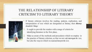 • If literary criticism involves the reading, analysis, explication, and
interpretation of text which are designated as literary, then theory
shoulddo2 things:
1. It ought to provide the readers with a range of criteria for
identifying literature in the first place,
2. Make us aware of the methods and procedures which we employ in
the practice of literary criticism, so that we not onlyinterrogatethe text,
but also the waysin which we readandinterpretthe text.
THE RELATIONSHIP OF LITERARY
CRITICISM TO LITERARY THEORY
_____________________________________________________
 