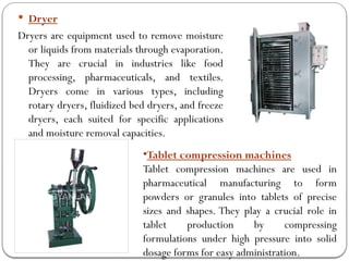  Dryer
Dryers are equipment used to remove moisture
or liquids from materials through evaporation.
They are crucial in industries like food
processing, pharmaceuticals, and textiles.
Dryers come in various types, including
rotary dryers, fluidized bed dryers, and freeze
dryers, each suited for specific applications
and moisture removal capacities.
•Tablet compression machines
Tablet compression machines are used in
pharmaceutical manufacturing to form
powders or granules into tablets of precise
sizes and shapes. They play a crucial role in
tablet production by compressing
formulations under high pressure into solid
dosage forms for easy administration.
 