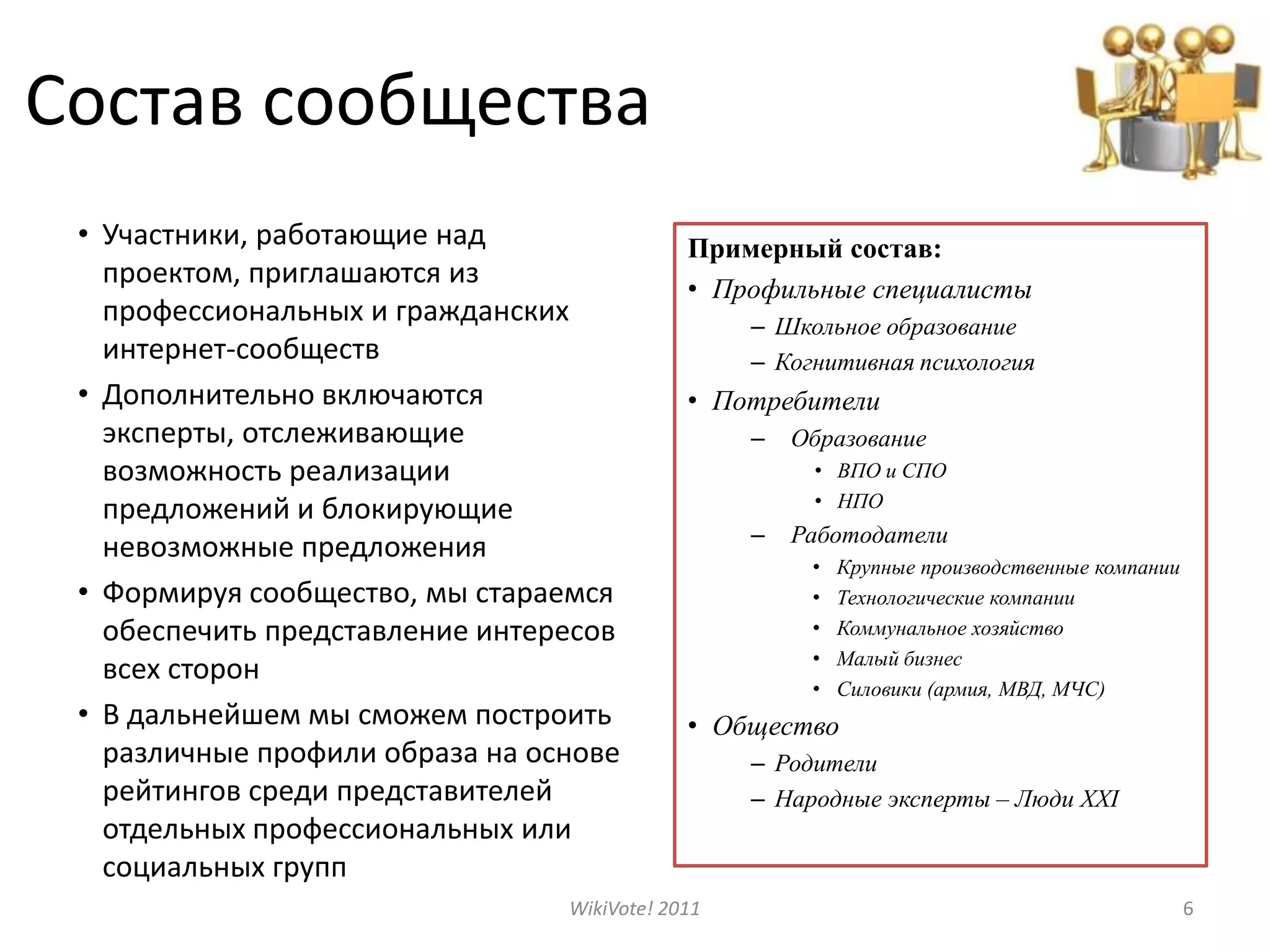 Состав сообществаУчастники, работающие над проектом, приглашаются из профессиональных и гражданских интернет-сообществДополнительно включаются эксперты, отслеживающие возможность реализации предложений и блокирующие невозможные предложенияФормируя сообщество, мы стараемся обеспечить представление интересов всех сторон В дальнейшем мы сможем построить различные профили образа на основе рейтингов среди представителей отдельных профессиональных или социальных группПримерный состав:Профильные специалистыШкольное образованиеКогнитивная психологияПотребителиОбразованиеВПО и СПОНПОРаботодателиКрупные производственные компанииТехнологические компанииКоммунальное хозяйствоМалый бизнесСиловики (армия, МВД, МЧС)ОбществоРодителиНародные эксперты – Люди XXIWikiVote! 20116