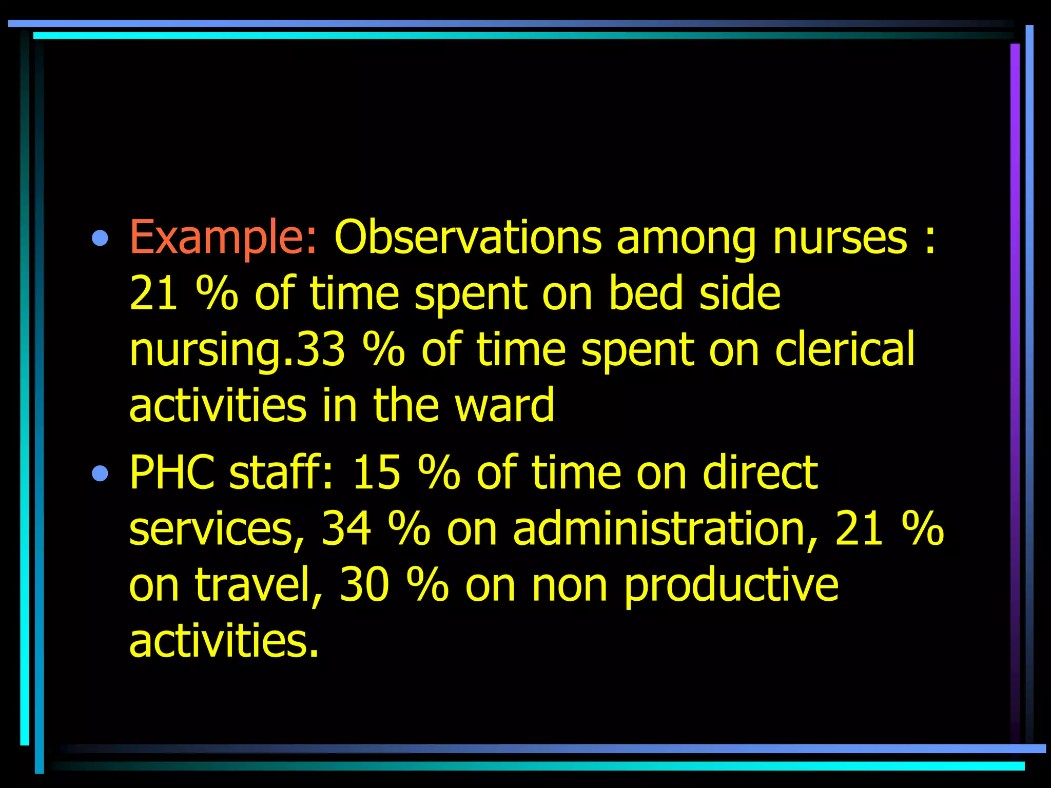 • Example: Observations among nurses :
21 % of time spent on bed side
nursing.33 % of time spent on clerical
activities in the ward
• PHC staff: 15 % of time on direct
services, 34 % on administration, 21 %
on travel, 30 % on non productive
activities.

 