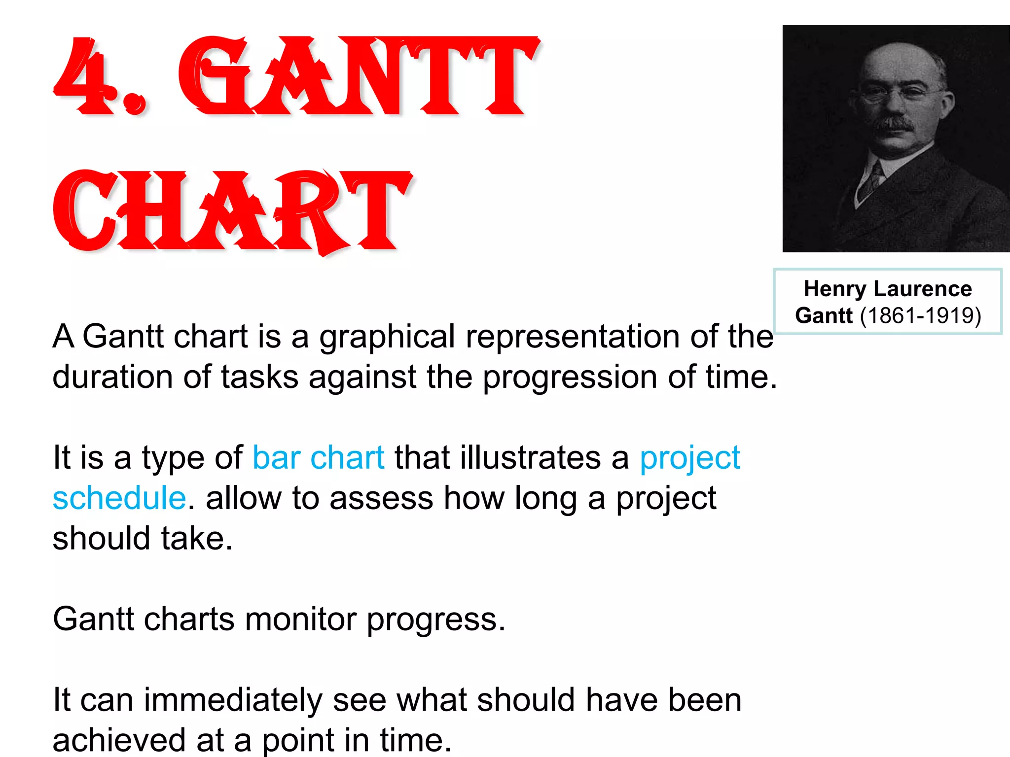 4. Gantt
Chart
A Gantt chart is a graphical representation of the
duration of tasks against the progression of time.
It is a type of bar chart that illustrates a project
schedule. allow to assess how long a project
should take.
Gantt charts monitor progress.
It can immediately see what should have been
achieved at a point in time.

Henry Laurence
Gantt (1861-1919)

 