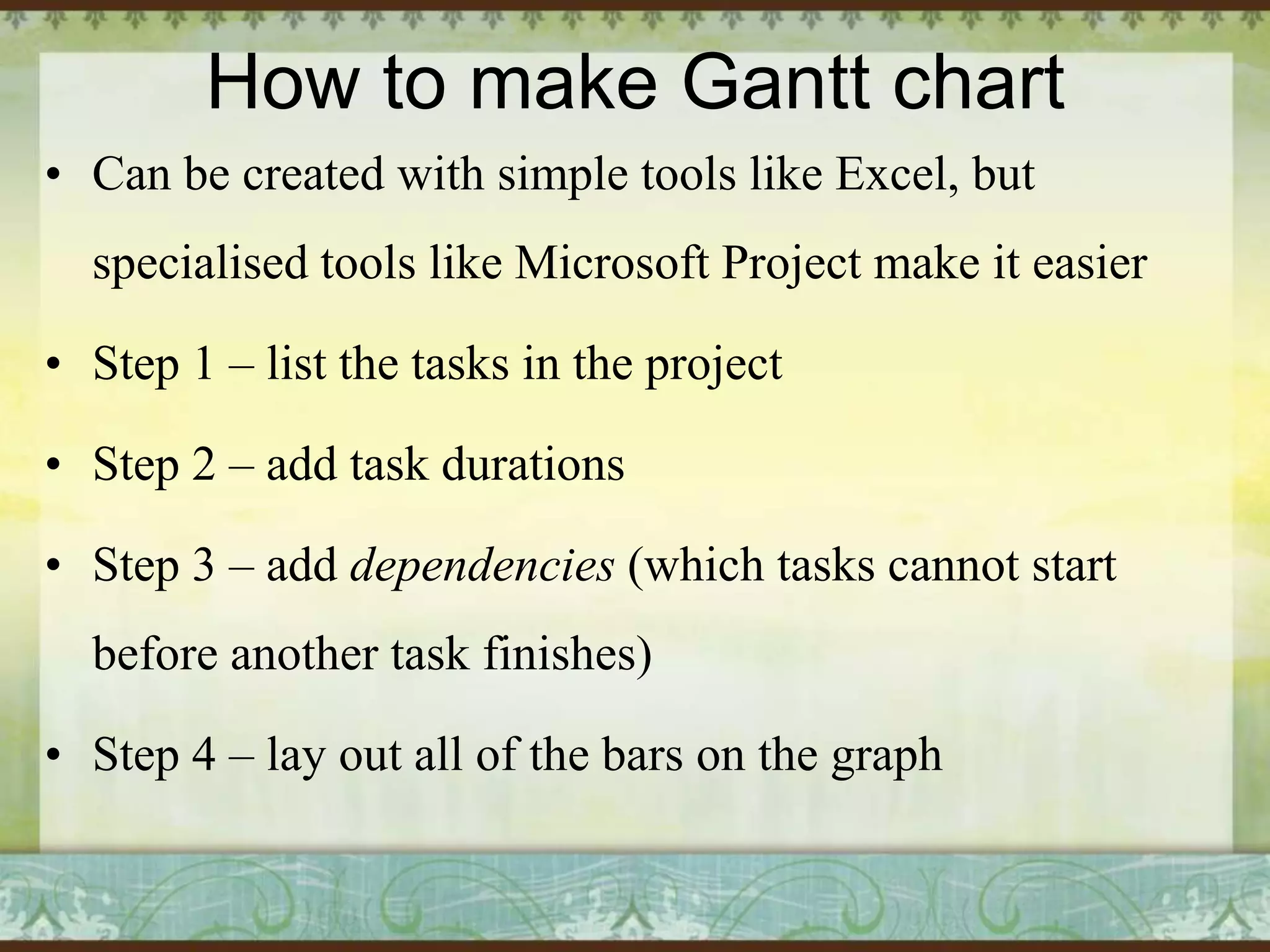 How to make Gantt chart
• Can be created with simple tools like Excel, but
specialised tools like Microsoft Project make it easier

• Step 1 – list the tasks in the project
• Step 2 – add task durations

• Step 3 – add dependencies (which tasks cannot start
before another task finishes)
• Step 4 – lay out all of the bars on the graph

 