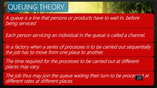 QUEUING THEORY
A queue is a line that persons or products have to wait in, before
being serviced
Each person servicing an individual in the queue is called a channel.
In a factory when a series of processes is to be carried out sequentially
the job has to move from one place to another.
The time required for the processes to be carried out at different
places may vary.
The job thus may join the queue waiting their turn to be processed at
different rates at different places.
20
 