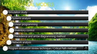 MATHEMATICAL MODELS
Simulation study
Systems analysis
Linear programming
Inventory control
Precedence and arrow diagramming method
Network analysis
Program evaluation review technique / Critical Path method 25
 