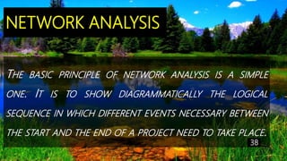 NETWORK ANALYSIS
THE BASIC PRINCIPLE OF NETWORK ANALYSIS IS A SIMPLE
ONE. IT IS TO SHOW DIAGRAMMATICALLY THE LOGICAL
SEQUENCE IN WHICH DIFFERENT EVENTS NECESSARY BETWEEN
THE START AND THE END OF A PROJECT NEED TO TAKE PLACE.
38
 