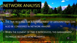 NETWORK ANALYSIS
• THE TIME REQUIRED FOR ACCOMPLISHMENT OF DIFFERENT TASKS CAN
ALSO BE CONSIDERED IN NETWORK ANALYSIS
• WHEN THE ELEMENT OF TIME IS INTRODUCED, THIS MANAGEMENT
TECHNIQUE BECOMES MORE POWERFUL
39
 