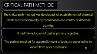 The critical path method was developed for establishment of chemical
plants most economically by coordination and control of different
activities
It had the reduction of cost as primary objective.
The periods required for accomplishment of tasks are expected to be
known from prior experience 43
 