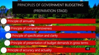 Principle of annuality
Principle of comprehensiveness
Principle of specification and clarity
Principle of presentation of budget demands in gross terms
Principle of accuracy and actuality
48
 