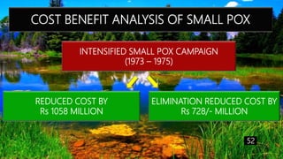 INTENSIFIED SMALL POX CAMPAIGN
(1973 – 1975)
REDUCED COST BY
Rs 1058 MILLION
ELIMINATION REDUCED COST BY
Rs 728/- MILLION
COST BENEFIT ANALYSIS OF SMALL POX
52
 