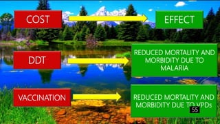 COST EFFECT
DDT
REDUCED MORTALITY AND
MORBIDITY DUE TO
MALARIA
VACCINATION REDUCED MORTALITY AND
MORBIDITY DUE TO VPDs
55
 