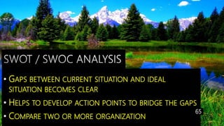 • GAPS BETWEEN CURRENT SITUATION AND IDEAL
SITUATION BECOMES CLEAR
• HELPS TO DEVELOP ACTION POINTS TO BRIDGE THE GAPS
• COMPARE TWO OR MORE ORGANIZATION
65
 