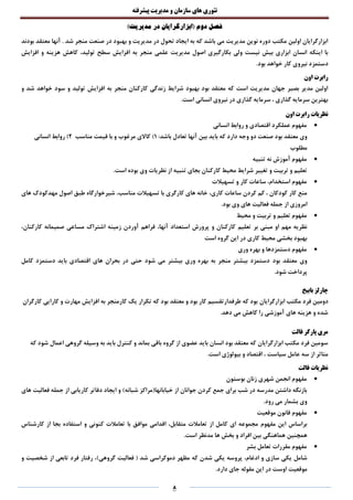 ‫تئوری‬‫های‬‫سازمان‬‫و‬‫مدیریت‬‫پیشرفته‬
8
‫فصل‬‫دوم‬)‫مدیریت‬ ‫در‬ ‫(ابزارگرایان‬
. ‫شد‬ ‫منجر‬ ‫صنعت‬ ‫در‬ ‫بهبود‬ ‫و‬ ‫مدیریت‬ ‫در‬ ‫تحول‬ ‫ایجاد‬ ‫به‬ ‫که‬ ‫باشد‬ ‫می‬ ‫مدیریت‬ ‫نوین‬ ‫دوره‬ ‫مکتب‬ ‫اولین‬ ‫ابزارگرایان‬‫بودند‬ ‫معتقد‬ ‫آنها‬
‫مدیریت‬ ‫اصول‬ ‫بکارگیری‬ ‫ولی‬ ‫نیست‬ ‫بیش‬ ‫ابزاری‬ ‫انسان‬ ‫اینکه‬ ‫با‬‫افزایش‬ ‫و‬ ‫هزینه‬ ‫کاهش‬ ،‫تولید‬ ‫سطح‬ ‫افزایش‬ ‫به‬ ‫منجر‬ ‫علمی‬
‫د‬.‫بود‬ ‫خواهد‬ ‫کار‬ ‫نیروی‬ ‫ستمزد‬
‫اون‬ ‫رابرت‬
‫و‬ ‫شد‬ ‫خواهد‬ ‫سود‬ ‫و‬ ‫تولید‬ ‫افزایش‬ ‫به‬ ‫منجر‬ ‫کارکنان‬ ‫زندگی‬ ‫شرایط‬ ‫بهبود‬ ‫بود‬ ‫معتقد‬ ‫که‬ ‫است‬ ‫مدیریت‬ ‫جهان‬ ‫بصیر‬ ‫مدیر‬ ‫اولین‬
.‫است‬ ‫انسانی‬ ‫نیروی‬ ‫در‬ ‫گذاری‬ ‫سرمایه‬ ، ‫گذاری‬ ‫سرمایه‬ ‫بهترین‬
‫نظریات‬‫اون‬ ‫رابرت‬
‫انسانی‬ ‫روابط‬ ‫و‬ ‫اقتصادی‬ ‫عملکرد‬ ‫مفهوم‬
‫بود‬ ‫معتقد‬ ‫وی‬‫باید‬ ‫که‬ ‫دارد‬ ‫وجه‬ ‫دو‬ ‫صنعت‬‫آنها‬ ‫بین‬:‫باشد‬ ‫تعادل‬1‫مناسب‬ ‫قیمت‬ ‫با‬ ‫و‬ ‫مرغوب‬ ‫کاالی‬ )2‫انسانی‬ ‫روابط‬ )
‫مطلوب‬
‫تنبیه‬ ‫نه‬ ‫آموزش‬ ‫مفهوم‬
‫تنبیه‬ ‫بجای‬ ‫کارکنان‬ ‫محیط‬ ‫شرایط‬ ‫تغییر‬ ‫و‬ ‫تربیت‬ ‫و‬ ‫تعلیم‬‫وی‬ ‫نظریات‬ ‫از‬.‫است‬ ‫بوده‬
‫تسهیالت‬ ‫و‬ ‫کار‬ ‫ساعات‬ ،‫استخدام‬ ‫مفهوم‬
‫کودکان‬ ‫کار‬ ‫منع‬،‫کاری‬ ‫ساعات‬ ‫کردن‬ ‫کم‬،‫مناسب‬ ‫تسهیالت‬ ‫با‬ ‫کارگری‬ ‫های‬ ‫خانه‬،‫های‬ ‫مهدکودک‬ ‫اصول‬ ‫طبق‬ ‫شیرخوارگاه‬
‫امروزی‬.‫بود‬ ‫وی‬ ‫های‬ ‫فعالیت‬ ‫جمله‬ ‫از‬
‫محیط‬ ‫و‬ ‫تربیت‬ ‫و‬ ‫تعلیم‬ ‫مفهوم‬
‫بر‬ ‫مبنی‬ ‫او‬ ‫مهم‬ ‫نظریه‬‫پرورش‬ ‫و‬ ‫کارکنان‬ ‫تعلیم‬‫آنها‬ ‫استعداد‬،‫کارکنان‬ ‫صمیمانه‬ ‫مساعی‬ ‫اشتراک‬ ‫زمینه‬ ‫آوردن‬ ‫فراهم‬،
‫کاری‬ ‫محیط‬ ‫بخشی‬ ‫بهبود‬‫است‬ ‫گروه‬ ‫این‬ ‫در‬
‫وری‬ ‫بهره‬ ‫و‬ ‫دستمزدها‬ ‫مفهوم‬
‫بود‬ ‫معتقد‬ ‫وی‬‫کامل‬ ‫دستمزد‬ ‫باید‬ ‫اقتصادی‬ ‫های‬ ‫بحران‬ ‫در‬ ‫حتی‬ ‫شود‬ ‫می‬ ‫بیشتر‬ ‫وری‬ ‫بهره‬ ‫به‬ ‫منجر‬ ‫بیشتر‬ ‫دستمزد‬
‫شود‬ ‫پرداخت‬.
‫بابیخ‬ ‫چارلز‬
‫فر‬ ‫دومین‬‫مکتب‬ ‫د‬‫ابزارگرایان‬‫کارگران‬ ‫کارایی‬ ‫و‬ ‫مهارت‬ ‫افزایش‬ ‫به‬ ‫کارمنجر‬ ‫یک‬ ‫تکرار‬ ‫که‬ ‫بود‬ ‫معتقد‬ ‫و‬ ‫بود‬ ‫کار‬ ‫طرفدارتقسیم‬ ‫که‬ ‫بود‬
‫دهد‬ ‫می‬ ‫کاهش‬ ‫را‬ ‫آموزشی‬ ‫های‬ ‫هزینه‬ ‫و‬ ‫شده‬.
‫فالت‬ ‫پارکر‬ ‫مری‬
‫باید‬ ‫کنترل‬ ‫و‬ ‫بماند‬ ‫باقی‬ ‫گروه‬ ‫از‬ ‫عضوی‬ ‫باید‬ ‫انسان‬ ‫بود‬ ‫معتقد‬ ‫که‬ ‫ابزارگرایان‬ ‫مکتب‬ ‫فرد‬ ‫سومین‬‫که‬ ‫شود‬ ‫اعمال‬ ‫گروهی‬ ‫وسیله‬ ‫به‬
.‫است‬ ‫بیولوژی‬ ‫و‬ ‫اقتصاد‬ ، ‫سیاست‬ ‫عامل‬ ‫سه‬ ‫از‬ ‫متاثر‬
‫فالت‬ ‫نظریات‬
‫بوستون‬ ‫زنان‬ ‫شهری‬ ‫انجمن‬ ‫مفهوم‬
)‫شبانه‬ ‫خیابانها(مراکز‬ ‫از‬ ‫جوانان‬ ‫کردن‬ ‫جمع‬ ‫برای‬ ‫شب‬ ‫در‬ ‫مدرسه‬ ‫داشتن‬ ‫بازنگه‬‫ایجاد‬ ‫و‬‫کاریابی‬ ‫دفاتر‬‫های‬ ‫فعالیت‬ ‫جمله‬ ‫از‬
.‫رود‬ ‫می‬ ‫بشمار‬ ‫وی‬
‫قان‬ ‫مفهوم‬‫موقعیت‬ ‫ون‬
‫مفهوم‬ ‫این‬ ‫براساس‬‫متقابل‬ ‫تعامالت‬ ‫از‬ ‫کامل‬ ‫ای‬ ‫مجموعه‬،‫کنونی‬ ‫تعامالت‬ ‫با‬ ‫موافق‬ ‫اقدامی‬‫و‬‫کارشناس‬ ‫از‬ ‫بجا‬ ‫استفاده‬
‫همچنین‬‫ها‬ ‫بخش‬ ‫و‬ ‫افراد‬ ‫بین‬ ‫هماهنگی‬.‫است‬ ‫مدنظر‬
‫بشر‬ ‫تعامل‬ ‫مقررات‬ ‫مفهوم‬
‫شامل‬‫ادغام‬ ‫و‬ ‫سازی‬ ‫یکی‬،)‫گروهی‬ ‫فعالیت‬ ( ‫شد‬ ‫دموکراسی‬ ‫مظهر‬ ‫که‬ ‫شدن‬ ‫یکی‬ ‫پروسه‬،‫از‬ ‫تابعی‬ ‫فرد‬ ‫رفتار‬‫شخصیت‬‫و‬
‫موقعیت‬.‫دارد‬ ‫جای‬ ‫مقوله‬ ‫این‬ ‫در‬ ‫اوست‬
 