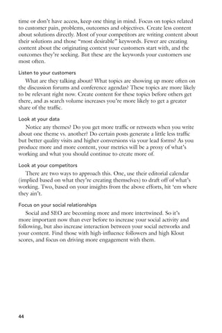 These companies focused on executing digital marketing programs 
(e.g. search engine optimization, content marketing and social media) with 
highly targeted messaging and landing pages to generate ‘opt-in’ prospect 
responses. Then, used email to nurture their list with direct relevant offers 
until they received a conversion response. 
Social media is still a surprisingly small contributor of leads and traffic 
to B2B sites. What percent of traffic do you think that could reach at 
“maturity”, and which channels do you believe will be most relevant to B2B 
marketers? 
It’s true that in our study traffic from social media was five percent or 
less. Our surprise was that of that five percent the leads generated were 
heavily slanted towards Twitter over Facebook and LinkedIn. In fact, 
Twitter converted nine to one over the other two social media powerhouses. 
As these digital channels mature for B2B purposes, it will greatly depend 
on the marketing mix of the company and its target audience. Despite the 
buzz and pressure to dive into social media marketing, marketers should 
fully develop their buyer persona(s) to discover the online behavior of their 
target audience. I would expect to see the LinkedIn platform deliver lower 
volume than Facebook, but considerably more focused and valuable leads. 
Remember, the conversion percent is important, but in the end the actual 
sales price (ASP) of your product and your customer acquisition cost (CAC) 
determine which of these social media channels delivers the best return. 
Not surprising to see paid search conversions below two percent, but 
it was somewhat surprising to see social media conversions less than one 
percent. How do B2B marketers improve this? Better content, better 
targeting, other? 
Yes, the somewhat dismal performance of social media was a 
surprise. Clearly, focused high-value content combined with one-to-one 
communications helps make sure you are getting the most from your 
programs. 
You’ve addressed the opportunity for marketers with “not provided” 
search traffic, can you quickly summarize that and give a couple tips for how 
marketers can increase traffic and conversions from this? 
In summary, Google has decided that any customer logged into a Google 
product has the right to customer privacy. Therefore, any customer logged 
in to Gmail, browser or any other Google product will have their keyword 
search information blocked and Google returns ‘not provided’. This is now 
over 40 percent of the traffic to B2B customer sites. Take your cues from 
42 
 