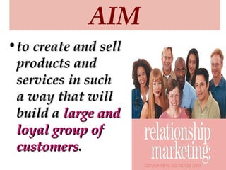 AIM
•to create and sell
products and
services in such
a way that will
build a large and
loyal group of
customers.

 