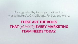 As suggested by top organizations like
MarketingProfs, CMI, Eloqua, Forbes, and Heinz, 
THESE ARE THE ROLES
THAT EVERY MARKETING
TEAM NEEDS TODAY.
 