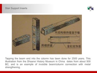 Tapping the beam end into the column has been done for 2500 years. This
illustration from the Shaanxi History Museum in China dates from about 500
BC, and is an example of invisible beam/column connection with metal
strengthening.
Stair Support Inserts
 