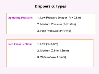 Drippers & Types
Operating Pressure: 1. Low Pressure Dripper (Pr <0.8m)
2. Medium Pressure (2<Pr<8m)
3. High Pressure (8<Pr<15)
Path Cross Section: 1. Low (<0.8mm)
2. Medium (0.8 to 1.5mm)
3. Wide (above 1.5mm)
 