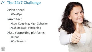 The 24/7 Challenge
Plan ahead
DevOps
Architect
Low Coupling, High Cohesion
Schema/API Versioning
Use supporting platforms
Cloud
Containers
18
 
