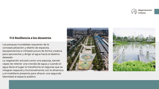 Los parques inundables requieren de la
conceptualización y diseño de espacios,
equipamientos e infraestructura de forma creativa
para aprovechar y dirigir el agua hacia el destino
deseado.
La vegetación actuará como una esponja, siendo
capaz de retener una crecida de agua y cuando el
agua llene el lugar lo transforme en lagunas que se
integran espacial y funcionalmente con la dinámica
y el mobiliario presente para ofrecer una segunda
identidad al espacio público
11.5 Resiliencia a los desastres
Regeneración
Urbana
 