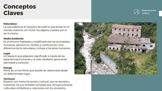 Conceptos
Claves
Naturaleza
Medio Ambiente
Lugar
Paisaje
Territorio
La naturaleza es el conjunto de todo lo que existe en el
mundo material, sin incluir los objetos creados por el
ser humano.
Es el entorno habitado y modificado por las actividades
humanas, siempre en cambio y construcción. Una
diferencia de la naturaleza, incluye a los seres humanos.
Un espacio que adquiere significado a través de las
experiencias humanas y la vida cotidiana, generando
identidad y conexión.
Parte de un territorio que puede ser observada desde
un determinado lugar.
Espacio con memoria social y cultural, que se apropia y
transmite. Es una entidad compleja que incluye prácticas
culturales, simbólicas y relaciones con los ancestros.
Regeneración
Urbana
 