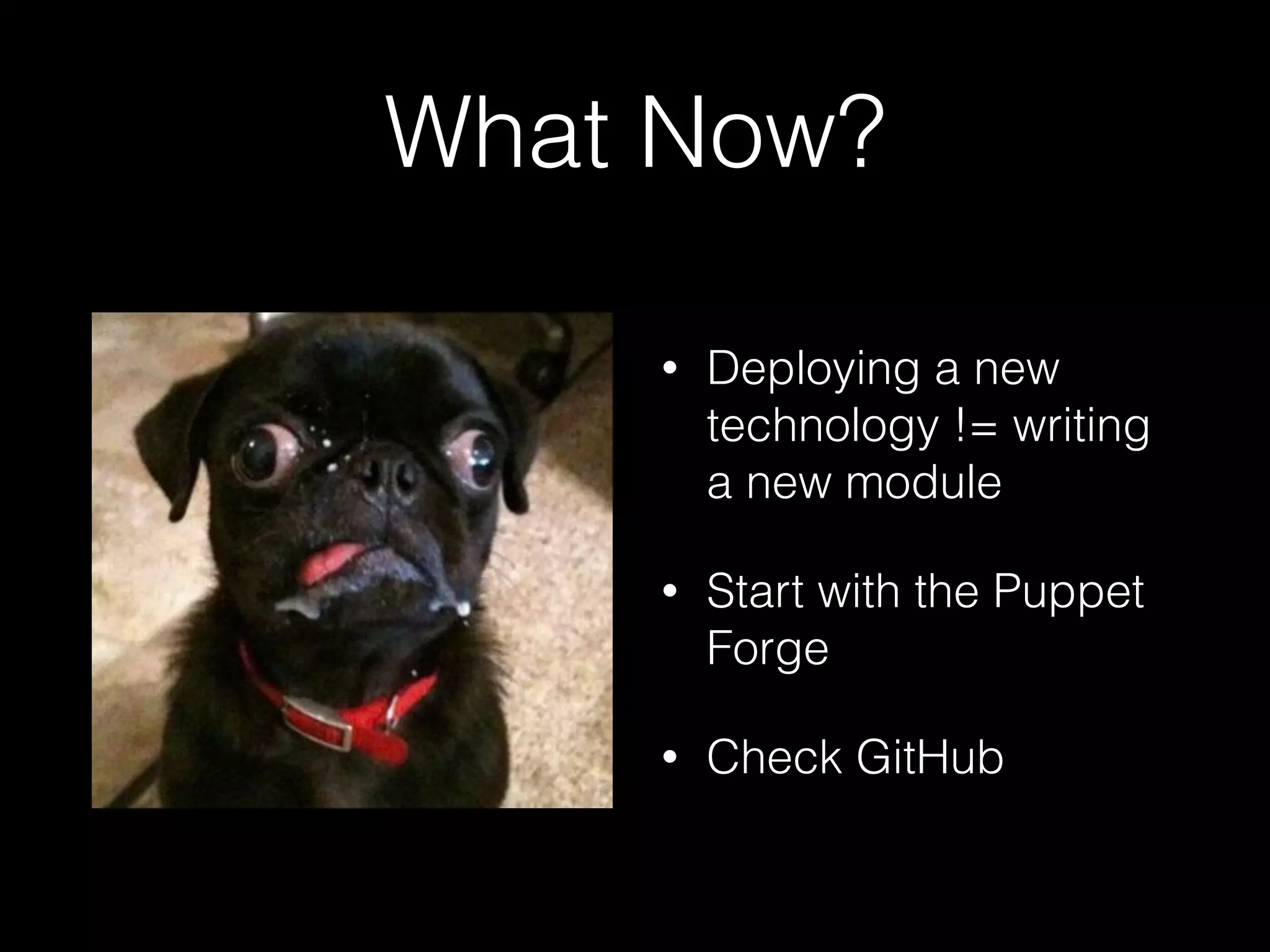 What Now?
• Deploying a new
technology != writing
a new module
• Start with the Puppet
Forge
• Check GitHub
 