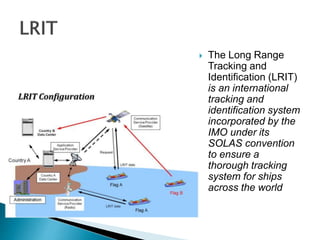  The Long Range
Tracking and
Identification (LRIT)
is an international
tracking and
identification system
incorporated by the
IMO under its
SOLAS convention
to ensure a
thorough tracking
system for ships
across the world
 