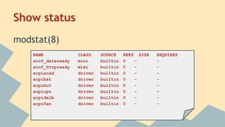 Show status
modstat(8)
NAME CLASS SOURCE REFS SIZE REQUIRES
accf_dataready misc builtin 0 - -
accf_httpready misc builtin 0 - -
acpiacad driver builtin 0 - -
acpibat driver builtin 0 - -
acpibut driver builtin 0 - -
acpicpu driver builtin 0 - -
acpidalb driver builtin 0 - -
acpifan driver builtin 0 - -
 