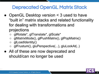Deprecated OpenGL Matrix Stack
● OpenGL Desktop version < 3 used to have
“built in” matrix stacks and related functionalit...